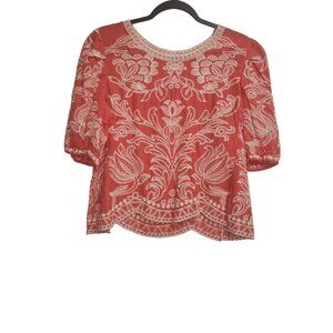 Solitaire Womens Coral & White  M Embroidered Blouse By4023